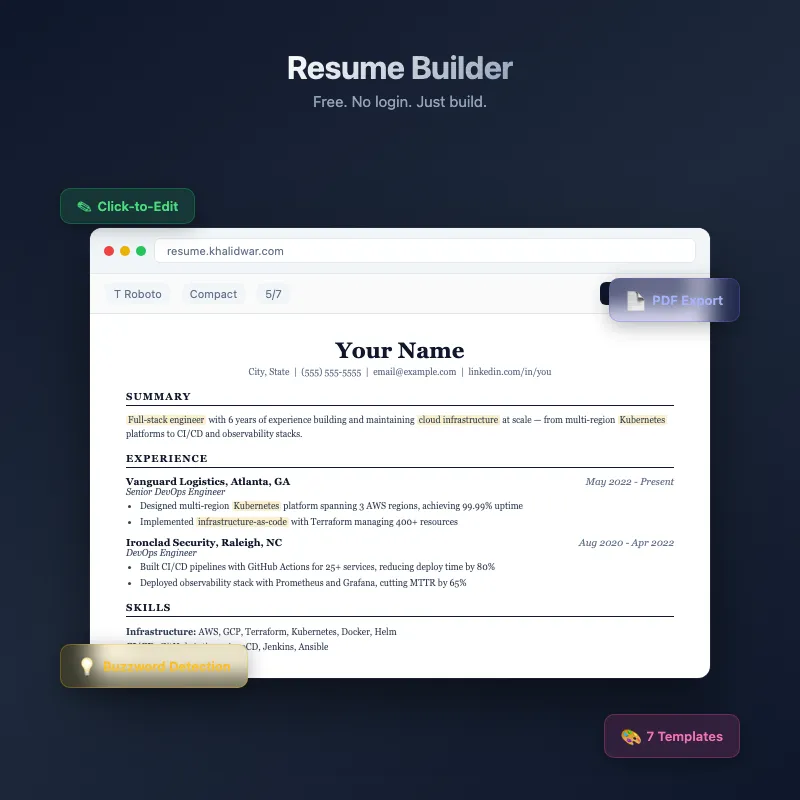 Resume Builder — inline editing with toolbar, templates, and PDF export